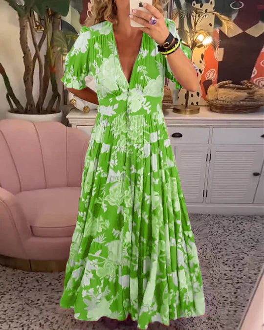 Summery maxi dress: deep v-neck, flounced hem