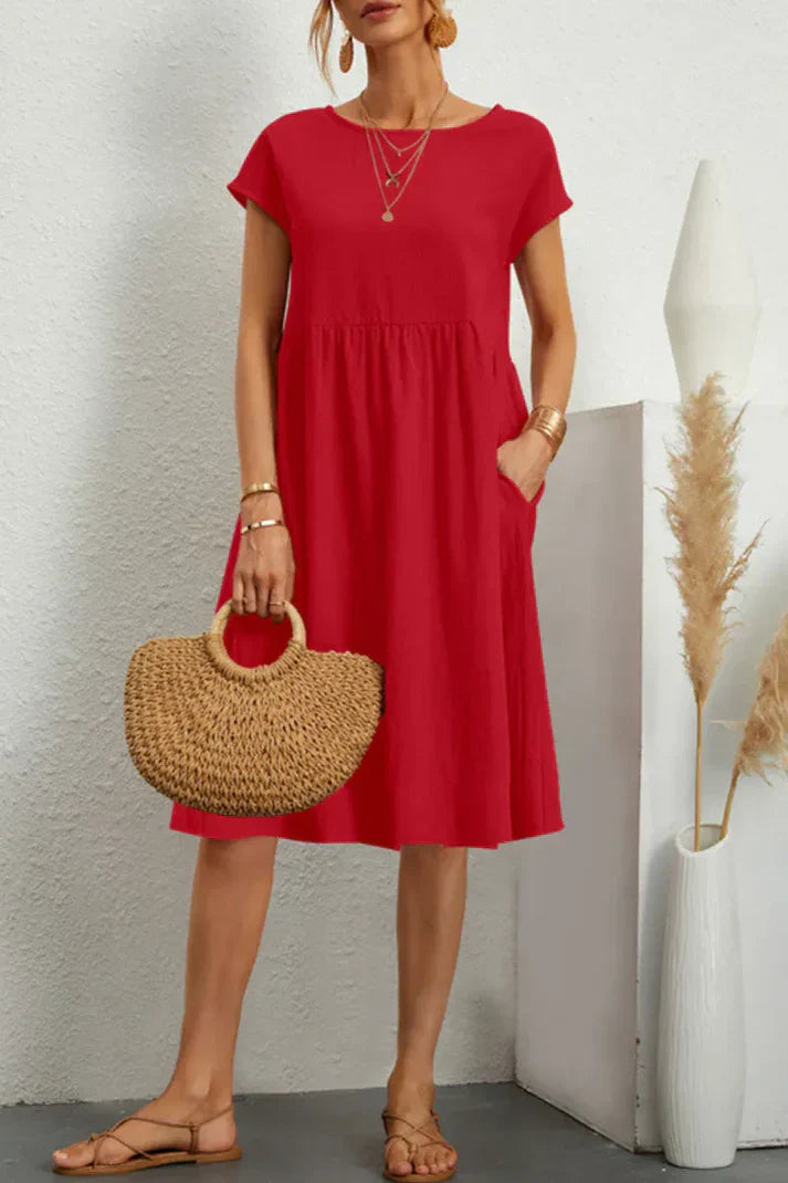 Melanie - plain-colored, casual dress with short sleeves and a round neckline