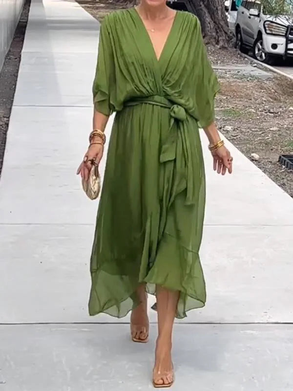 Luisa - green chiffon dress with v-neckline