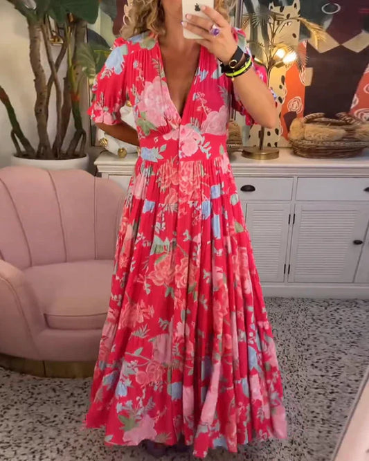 Summery maxi dress: deep v-neck, flounced hem