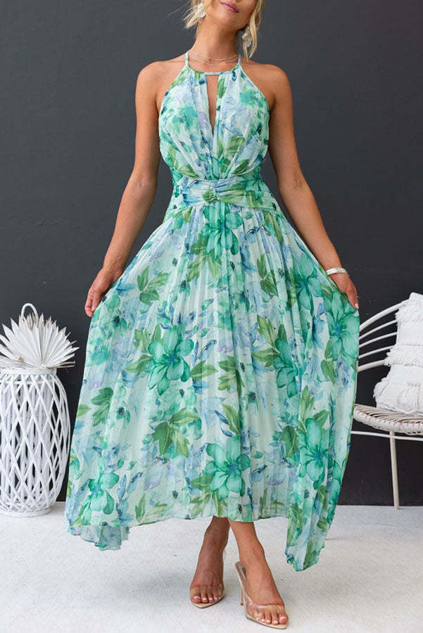 Forecast - pleated half-length dress with cut-out neckline and floral pattern