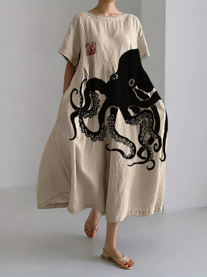Gabriella - long dress in half linen with japanese pattern in octopus linen