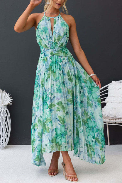 Forecast - pleated half-length dress with cut-out neckline and floral pattern